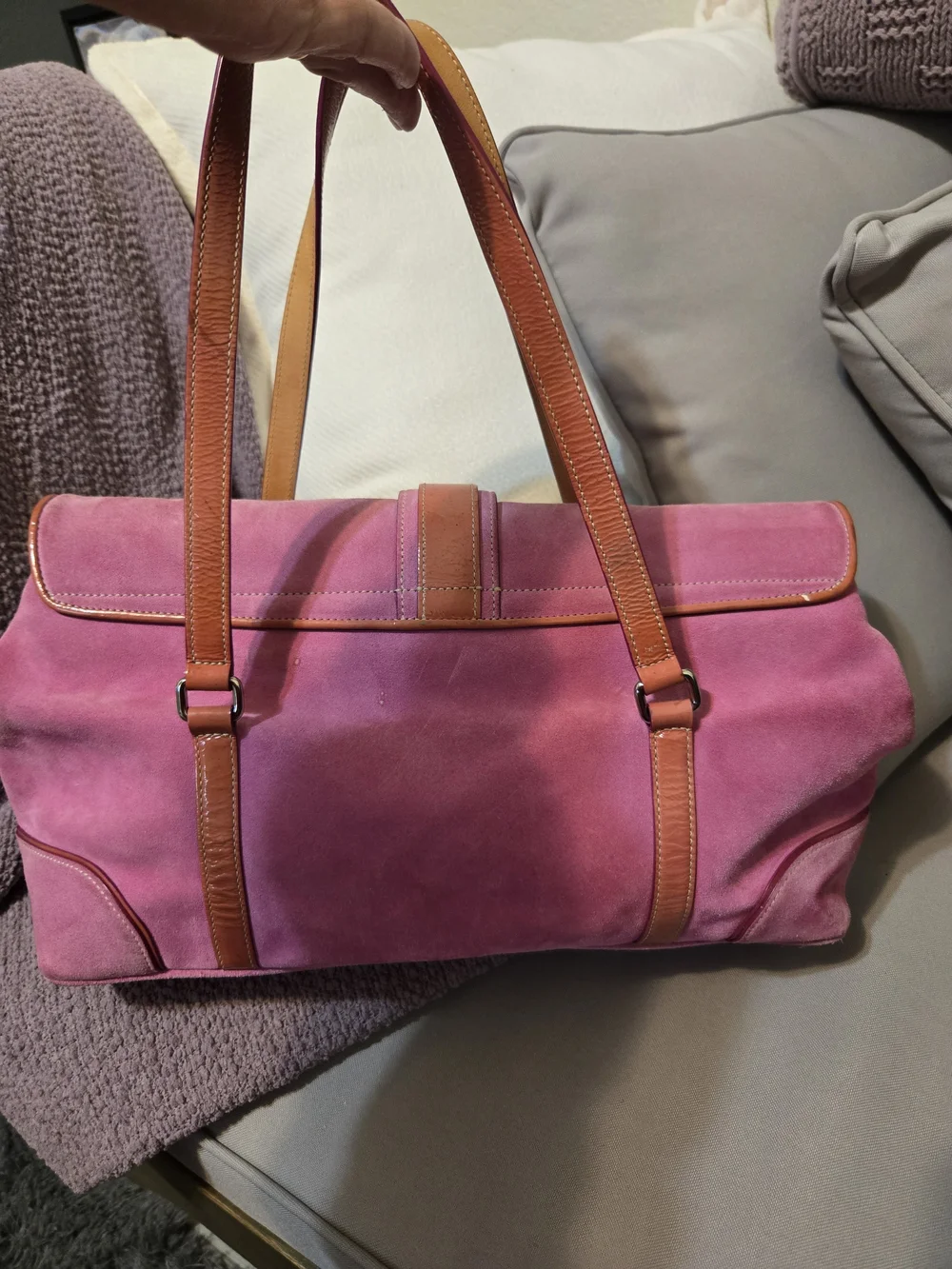 Coach Pink Suede Shoulder Bag with Tan Leather Trim - Picture 3 of 10
